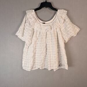 Ann Taylor Women's Large Cream Textured Ruffle Neck Blouse Short Sleeve